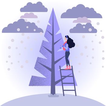 Girl decorates Christmas tree. illustration in flat style.