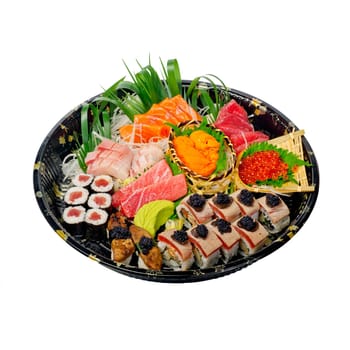 take away selection of fresh sushi express on plastic tray 