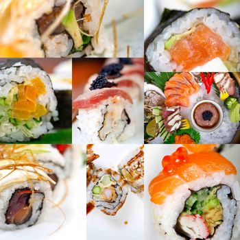 selection of many Japanese sushi dish collage over white frame 