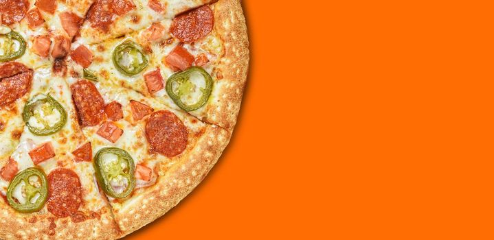 pizza on a colored surface with place for text