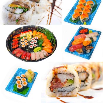 selection of many Japanese sushi dish collage over white frame 