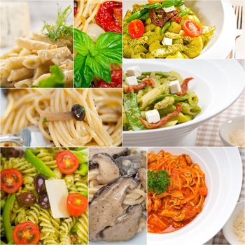 collection of different type of Italian pasta on collage white frame