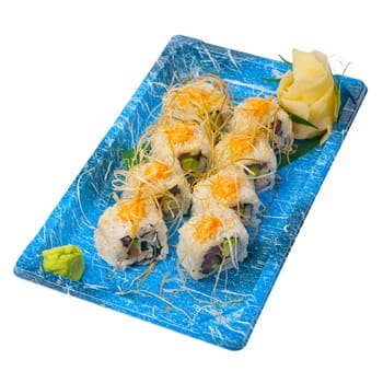 take away selection of fresh sushi express on plastic tray 