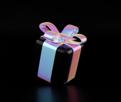 Christmas holographic gift box. Creative discount concept, festive giveaway offer, holiday sales illustration, falling holographic gift boxes 3d render illustration. Minimal gift present banner
