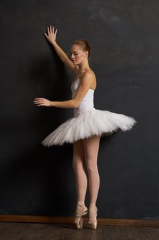 woman ballerina in a white tutu dance posing performance dark background. High quality photo