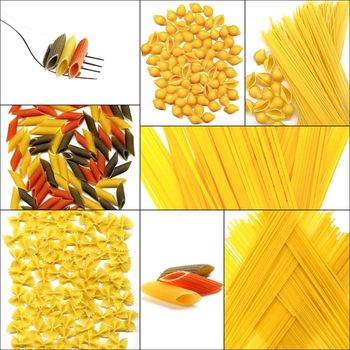 various type of Italian pasta collage on a square frame