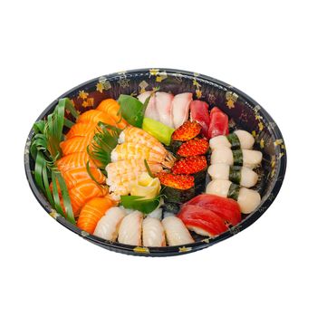 take away selection of fresh sushi express on plastic tray 