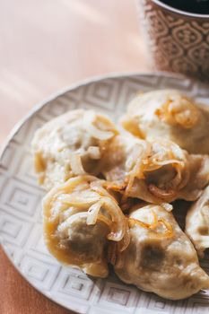 Dumplings, filled with meat and served with fried onion and meat pieces. Varenyky, vareniki, pierogi, pyrohy. Dumplings with filling