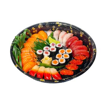 take away selection of fresh sushi express on plastic tray 