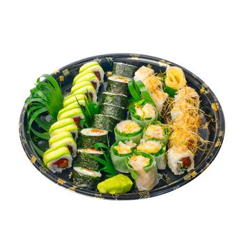 take away selection of fresh sushi express on plastic tray 