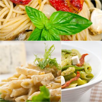 collection of different type of Italian pasta on collage white frame