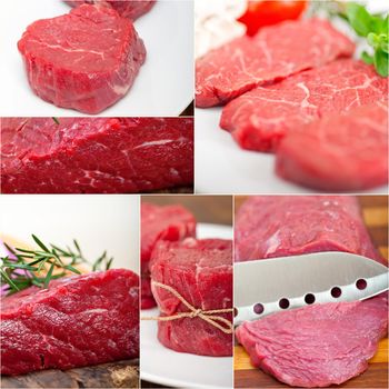 collection of different raw beef cuts collage white frame