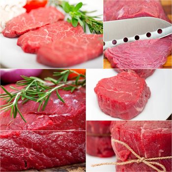 collection of different raw beef cuts collage white frame