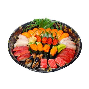 take away selection of fresh sushi express on plastic tray 