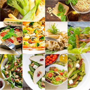 healthy vegetarian pasta soup salad pizza Italian food staples collage