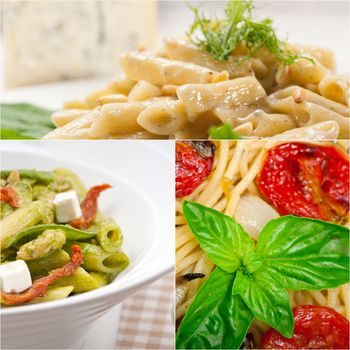 collection of different type of Italian pasta on collage white frame