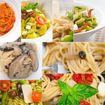 collection of different type of Italian pasta on collage white frame