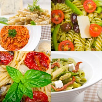 collection of different type of Italian pasta on collage white frame