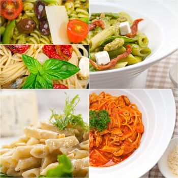 collection of different type of Italian pasta on collage white frame