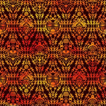 Hand drawn seamless pattern with Tribal mask ethnic. Sketch for your design, wallaper, textile, print. African culture. Fabric afro ornament. Coloful batik art. Watercolor orange on dark background