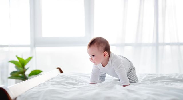 Adorable little baby boy creeps in the bed in the room with panoramic windows. Beautiful toddler child in the bedroom in the morning time. Cute kid alone at home