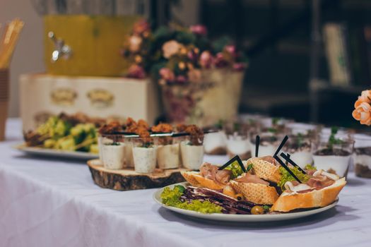 Catering table set service at restaurant before party.