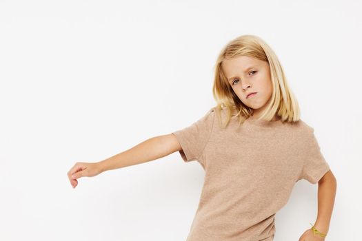 Little cute girl blank space for logo design isolated background. High quality photo