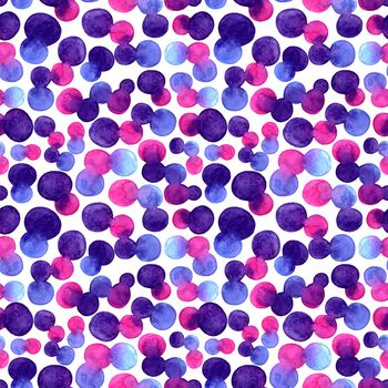 Watercolor bright spot blob seamless pattern. Violet, blue and pink color on white background. Art brush abstract painting. Hand drawing spots and circles. Unusual and teen design.