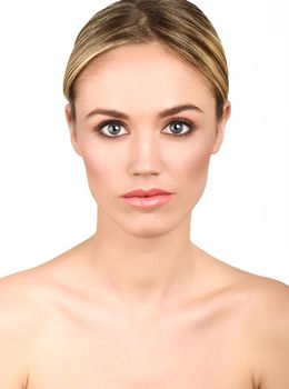 Beautiful woman with clean fresh skin close up. Skin care face. Cosmetology. Blonde girl with blue eyes.