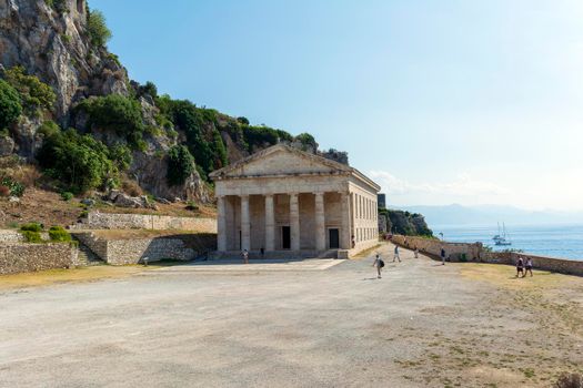 Corfu, Greece - August 25, 2018: View of Corfu old fortress with the orthodox church of Saint George.