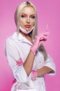 Portrait of attractive woman with arrows on her face skin for cosmetology
