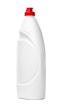 White plastic bottle of washing liquid isolated on white background, close up
