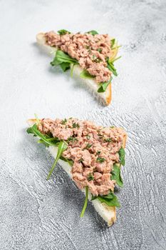 Toast with Canned Tuna fish and arugula. White background. Top view.