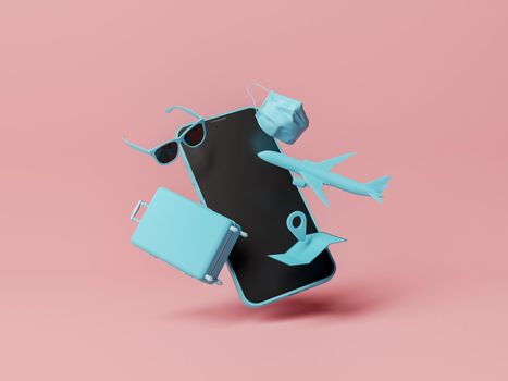 cell phone with sunglasses, suitcase, airplane and mask floating in the air. travel concept. 3d rendering