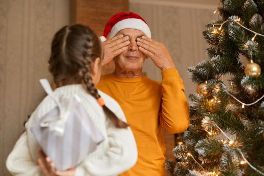 Making surprise christmas gift. Grandchild hiding present for grandpa behind her back, mature man covering his eyes with palms, waiting for present. on New Year Eve.