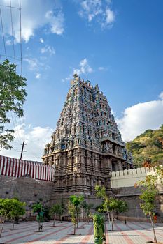 Gopuram of Vishnu Kallazagar temple in Madurai, Tamil Nadu, India.