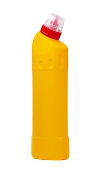 Orange plastic bottle of liquid detergent isolated on white background