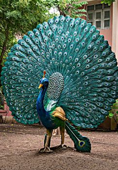 Shegaon, India - September 21st, 2018: Clay made real size sculpture of a peacock displayed in Anand vihar in Shegaon.