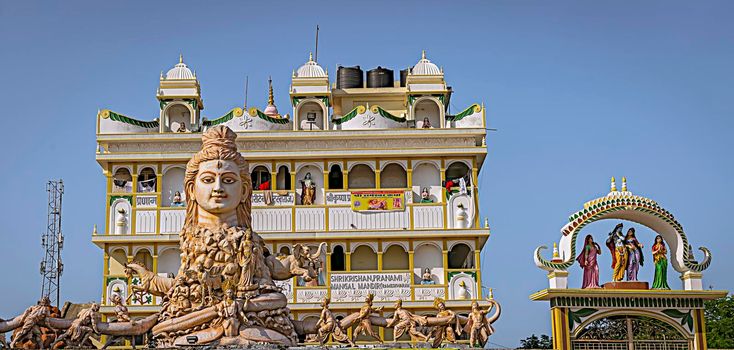 Rameswaram,Tamil Nadu,India-January 28th,2019: Pranami Krisna trust temple and residential complex with huge Shiva statue in front at Rameswaram, India.