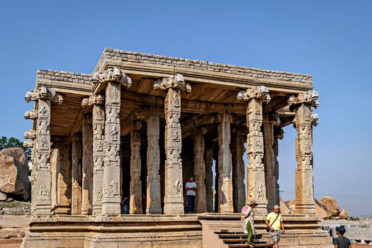 Aihole, Karnataka,India-November 8th,2018:Ancient 8th century carved stone temple of Aihole, Karnataka, India. The exquisite sculpted monument has been excavated.