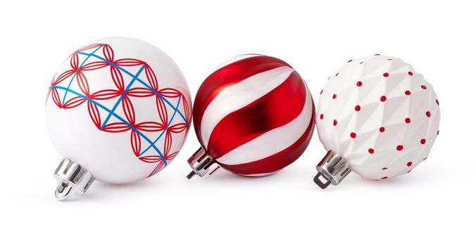 Christmas decoration balls isolated on white background, close up