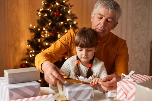 Indoor shot of mature man with his granddaughter sitting at table and preparing for new year eve, packing gift boxes, posing at home near Christmas tree.