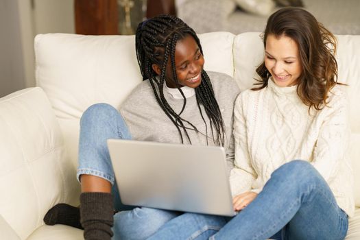 Two female student friends sitting on the couch at home using a laptop. Multiethnic women.