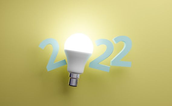 3d numbers for new year 2022 with bright led bulb in the center. 3d rendering