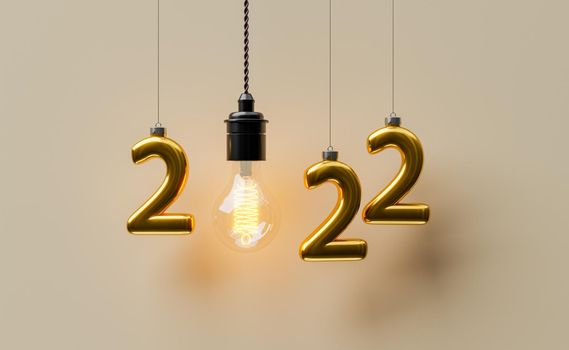 new year 2022 hanging numbers with incandescent bulb. 3d rendering