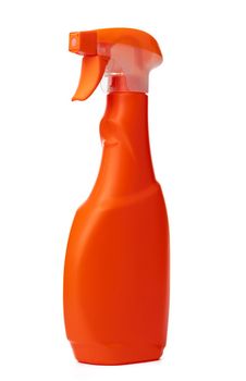 Orange plastic bottle of liquid detergent isolated on white background