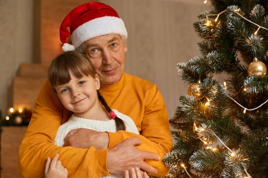 Happy family on Christmas eve, senior man hugging little charming girl with pigtails dresses white shirt, grandpa with grandchild posing in rom with new year decoration.