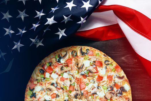 American flag and pizza with place for text