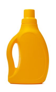 Orange plastic bottle of liquid detergent isolated on white background