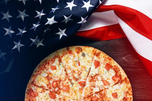 American flag and pizza with place for text